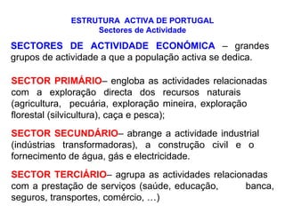 ESTRUTURA  ACTIVA DE PORTUGAL Sectores de Actividade SECTORES DE ACTIVIDADE ECONÓMICA   – grandes grupos de actividade a que a população activa se dedica. SECTOR PRIMÁRIO – engloba as actividades relacionadas  com a exploração directa dos recursos naturais  (agricultura,  pecuária, exploração mineira, exploração  florestal (silvicultura), caça e pesca); SECTOR SECUNDÁRIO – abrange a actividade industrial  (indústrias transformadoras), a construção civil e o  fornecimento de água, gás e electricidade. SECTOR TERCIÁRIO – agrupa as actividades relacionadas  com a prestação de serviços (saúde, educação,  banca, seguros, transportes, comércio, …) 