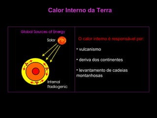 Calor Interno da Terra    O calor interno é responsável por:   vulcanismo deriva dos continentes     levantamento de cadeias  montanhosas                                                                                                         