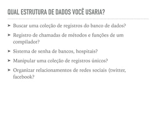 QUAL ESTRUTURA DE DADOS VOCÊ USARIA?
➤ Buscar uma coleção de registros do banco de dados?
➤ Registro de chamadas de métodos e funções de um
compilador?
➤ Sistema de senha de bancos, hospitais?
➤ Manipular uma coleção de registros únicos?
➤ Organizar relacionamentos de redes sociais (twitter,
facebook?
 