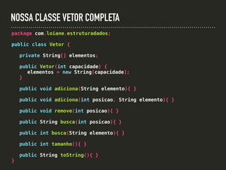 NOSSA CLASSE VETOR COMPLETA
package com.loiane.estruturadados;
public class Vetor {
private String[] elementos;
public Vetor(int capacidade) {
elementos = new String[capacidade];
}
public void adiciona(String elemento){ }
public void adiciona(int posicao, String elemento){ }
public void remove(int posicao){ }
public String busca(int posicao){ }
public int busca(String elemento){ }
public int tamanho(){ }
public String toString(){ }
}
 