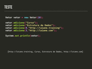 TESTE
Vetor vetor = new Vetor(10);
vetor.adiciona("Curso");
vetor.adiciona("Estrutura de Dados");
vetor.adiciona(0,"http://loiane.training");
vetor.adiciona(3,"http://loiane.com");
System.out.println(vetor);
[http://loiane.training, Curso, Estrutura de Dados, http://loiane.com]
 