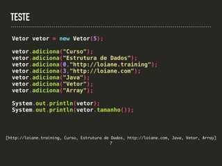 TESTE
Vetor vetor = new Vetor(5);
vetor.adiciona("Curso");
vetor.adiciona("Estrutura de Dados");
vetor.adiciona(0,"http://loiane.training");
vetor.adiciona(3,"http://loiane.com");
vetor.adiciona("Java");
vetor.adiciona("Vetor");
vetor.adiciona("Array");
System.out.println(vetor);
System.out.println(vetor.tamanho());
[http://loiane.training, Curso, Estrutura de Dados, http://loiane.com, Java, Vetor, Array]
7
 