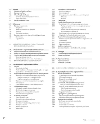 5
161 8. Fruto
161 Natureza e funções do fruto
161 Estrutura do fruto
162 Classificação dos frutos
162 Critérios de classificação dos frutos s.l.
162 Tipos de frutos s.l.
165 Partes edíveis nos frutos
167 9. Semente
167 Estrutura da semente
167 Episperma
169 Reservas nutritivas da semente
170 Embrião
170 Apêndices nutritivos
170 Estrutura da semente de gramíneas e leguminosas
170 Gramíneas
172 Leguminosas
177 II. CRESCIMENTO, ARQUITETURA, FENOLOGIA
E FISIONOMIA DAS PLANTAS
178 1. Crescimento e arquitetura do sistema radicular
178 Importância do estudo do sistema radicular
178 Interação genoma/ambiente a nível do sistema radicular
179 Sistema radicular aprumado vs. sistema fasciculado
180 Sistema radicular do arroz
181 Sistema radicular das árvores dicotiledóneas
182 Plasticidade fenotípica do sistema radicular
184 2. Crescimento e arquitetura da canópia
184 Gemas
184 Estrutura e tipologia
188 Preformação e neoformação. Prefolheação e vernação
188 Quiescência e dormência dos gomos
190 Repouso e crescimento vegetativos das plantas perenes
190 Repouso e crescimento vegetativos nos trópicos
190 Regiões equatoriais e tropicais húmidas
191 Regiões tropicais com estação seca
192 Repouso e crescimento vegetativos nas regiões
extratropicais
193 Crescimento contínuo e crescimento rítmico
194 Alongamento rameal
194 Noções de unidade de extensão e de vigor
195 O início do alongamento rameal
195 Alongamento monopodial e simpodial
196 Intensidade do alongamento
198 Ramificação do caule
198 Tipos de ramificação
198 A ramificação a nível anatómico
201 Grau de ramificação
202 Direção, orientação e ângulo de inserção
203 Prolepsia e silepsia
203 Ramos epicórmicos
205 Reiteração
205 Dominância e controlo apicais
205 Dominância apical
206 Controlo apical
206 Interações entre a dominância e o controlo apicais
207 Arbustos
207 Árvores
209 Cladoptose
209 Posição das inflorescências nos caules
209 Posição das inflorescências nas plantas lenhosas
209 Plantas com pelo menos uma estação de repouso
vegetativo anual
212 Plantas sem uma sincronização ambiental
do crescimento e da floração
213 Posição das inflorescências nas plantas herbáceas
213 Órgãos de frutificação das plantas lenhosas
216 Desenvolvimento e arquitetura das gramíneas
216 Diferenciação e crescimento da folha e do pseudocaule
217 Afilhamento
217 Rizomas e estolhos
218 Fase reprodutiva
219 Modelos arquiteturais
220 Genes ananicantes e revolução verde. Ideotipo
222 3. Fenologia
222 Ciclo fenológico. Utilidade da fenologia
223 Escalas fenológicas
226 4. Tipos fisionómicos
226 Tipos fisionómicos
227 Sistema de Raunkjær
231 III. BIOLOGIA DA REPRODUÇÃO DAS PLANTAS
232 1. Reprodução sexuada nas angiospérmicas
232 Noções introdutórias
232 A descoberta da sexualidade nas plantas
232 Meiose e fecundação
232 Etapas da reprodução sexual
233 O porquê da sexualidade
233 Juvenilidade. Indução e diferenciação florais
233 Transição da fase juvenil para a fase adulta
234 Indução, iniciação e diferenciação florais
234 Clarificação de conceitos
234 Estímulos exógenos da floração
237 Regra de Hofmeister
237 Esporogénese e gametogénese
237 Microsporogénese e microgametogénese
238 Megasporogénese e megagametogénese
238 Sistemas de reprodução
238 Definição de sistema de reprodução
238 Sistemas sexuais
240 Sistemas de cruzamento
241 Vantagens e desvantagens da polinização cruzada
DISTRIBUIÇÃO GRATUITA. NÃO É PERMITIDA A COMERCIALIZAÇÃO.
©
 