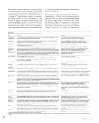 97
As primeiras árvores surgidas no Devónico espole-
taram uma corrida às armas evolutivas (vd. volume II),
consequentemente, desde uma etapa muito precoce da
evolução das plantas terrestres, em condições ambien-
tais propícias, a vegetação natural potencial é dominada
por árvores (Stein et al. 2019). Atualmente, os ecos-
sistemas de plantas com tronco cobrem cerca de ⅓ da
terra emersa (Köhl et al. 2015). E existem ca. 3,04x1012
árvores, ca. de 46% no número de árvores que ocorreram
no período de mais densa arborização no Holocénico,
antes da perturbação antrópica se tornar preponderante
no funcionamento dos sistemas ecológicos do planeta
(Crowther et al. 2015).
Referi no ponto «Espessamento do caule nas monoco-
tiledóneas» que o caule das monocotiledóneas lenhosas
é percorrido por uma densa rede de feixes vasculares
que, em corte transversal, se assemelha a um grosso
cabo telefónico (Figura 93). A estrutura da vasculatura
das monocotiledóneas tem, obviamente, vantagens e
desvantagens. A ausência de câmbio vascular dificulta
e limita a ramificação da canópia, e a ocupação do
QUADRO 13
Metamorfoses mais relevantes do caule (tipos de caule) (autores diversos)
Tipo Descrição Exemplos
Caule suculento
(succulent stem)
Caule volumoso, rico em água, de diâmetro variável consoante a disponibilidade de água no solo;
folhas muitas vezes ausentes ou reduzidas a espinhos.
Catos (Cactaceae) e muitas Euphorbiaceae africanas e
macaronésicas de climas semiáridos a semi‑desérticos.
Caule volúvel
(voluble stem)
Caule que se acomoda à superfície por onde progride ou que se enrola em torno de um tutor.
Consoante as espécies, os caules volúveis enrolam‑se para a direita – caules dextrorsos –, como
para a esquerda – caules sinistrorsos (condição mais rara).
Aristolochia spp. (Aristolochiaceae), Ipomoea sp.pl. (Convolvulaceae)
e jasmineiros (Jasminum, Oleaceae). Os caules volúveis são
dextrorsos nos feijoeiros e sinistrorsos no lúpulo, por exemplo.
Colmo (culm) Caule geralmente herbáceo e flexível, de nós bem marcados, frequentemente oco (fistuloso),
revestido pelas bainhas das folhas.
Característico da família das Poaceae.
Cormo *
(= bolbo sólido,
tuberibolbo,
corm)
Resulta do engrossamento, na vertical, de um segmento de caule com um ou mais entrenós,
revestido por uma ou mais folhas de proteção (catafilos) e com raízes adventícias na base.
Os cormos muito pequenos caem no conceito de bolbilho («Bolbos e bolbilhos»); os pseudobolbos
de muitas orquídeas tropicais são cormos revestidos por bainhas de folhas prolongadas num limbo.
Poa bulbosa (Poaceae), açafrão (Crocus sativus, Iridaceae), gladíolos
(Gladiolus, Iridaceae), frésias (Freesia, Iridaceae), gloxínia (Sinningia
speciosa, Gesneriaceae) e begónias‑tuberosas (Begonia sp.pl.,
Begoniaceae) e muitas orquídeas tropicais (Figura 95‑C).
Escapo (scape) Caule mais ou menos longo, geralmente sem folhas (áfilo), por vezes, com bractéolas, que termina
numa flor ou numa inflorescência, provido ou não de uma roseta de folhas na base, as quais, como ele,
frequentemente originadas num bolbo, num rizoma ou em raízes tuberosas.
Margaridas (Bellis, Asteraceae) e jacintos (Hyacinthus,
Hyacinthaceae) (Figura 95‑A).
Espinho caulinar Caule pontiagudo, rijo e difícil de destacar. Comum nas Rosaceae (Figura 100).
Espique Caule não ramificado, revestido por restos do pecíolo das folhas, geralmente cilíndrico e esguio,
culminado por uma roseta de grandes folhas, com feixes líbero‑lenhosos fechados em grande
número, dispostos irregularmente.
Característico das palmeiras (Arecaceae).
Estolho (stolon) Caule aéreo, prostrado e com raízes adventícias caulógenas emitidas nos nós. Morangueiro (Rosaceae) e grama (Cynodon dactylon, Poaceae)
(Figura 97‑B).
Filocládio
(= cladódio)
(phylloclade)
Caule achatado, mais ou menos laminar, por vezes, suculento (e.g., Opuntia), que desempenha a
função clorofilina, no qual, por vezes, se inserem ramos, folhas reduzidas ou flores.
Gilbardeira (Ruscus aculeatus, Asparagaceae, Nolinoideae) e de
Opuntia (Cactaceae) (Figura 95‑I,J).
Gavinha caulinar
(tendril)
Extremidade delgada de um caule flexível, ramificada ou não, desprovida de nomofilos, adaptada a
envolver ramos ou outros tipos de suportes.
Videira‑europeia e maracujazeiros (Passiflora, Passifloraceae).
Lenhotubérculo Caule lenhoso espesso, geralmente tortuoso, diferenciado na região do colo (transição caule‑raiz),
com abundantes reservas amiláceas e gemas dormentes. Característico de certas espécies lenhosas
sujeitas a fogos recorrentes.
Os lenhotubérculos das urzes (Erica, Ericaceae) são apreciados pelo
seu elevado poder calorífico e pelo lenho tortuoso e duro (como
matéria‑prima para a fabricação de cachimbos) (Figura 95‑F,G,H).
Prato ou disco
dos bolbos
Caule curto e de entrenós muito curtos, geralmente subterrâneo ou localizado à superfície do solo,
de crescimento vertical e com um grande número de raízes adventícias na base, no qual se inserem
uma ou mais folhas carnudas de reserva e, nos bolbos entunicados, revestido por uma túnica externa
constituída por uma ou mais folhas membranosas de proteção (catafilos). O conjunto prato do bolbo
+ folhas recebe o nome de bolbo («Bolbos e bolbilhos»).
Todas as aliáceas mediterrânicas; e.g., cebola (Figuras 141 e 142).
Rizoma Caule subterrâneo, vertical, horizontal ou oblíquo, ramificado ou não, com abundantes raízes
adventícias caulógenas, geralmente inseridas nos nós, revestido de folhas escamiformes (catafilos)
que axilam gemas ou os caules aéreos gerados por essas gemas. Os rizomas podem ser herbáceos
ou lenhosos (com crescimento secundário). Os rizomas tuberosos são engrossados e têm uma
função de reserva (Figura 96‑A).
Rizoma herbáceo vertical em Elytrigia juncea (Poaceae), horizontal
no estorno (Ammophila arenaria, Poaceae) ou oblíquo nos
crisântemos (Chrysanthemum, Asteraceae). Rizoma herbáceo
tuberoso nos lírios (Iris, Iridaceae) e no gengibre (Zingiber officinale,
Zingiberaceae). Produzem rizomas lenhosos o Quercus lusitanica e o
Q. coccifera.
Sarmento Caule lenhoso, muito longo, delgado e flexível, que, apoiado em outras plantas, se pode elevar. Os
sarmentos jovens, não atempados (i.e., de cor ainda verde), recebem o nome de pâmpanos.
Videira‑europeia.
Tronco (trunk) Caule lenhoso desprovido de ramos na base, geralmente cónico e engrossando com a idade. Maioria das gimnospérmicas e angiospérmicas de hábito arbóreo.
Tronco
paquicaule
(pachycaul trunk)
As plantas paquicaules exibem caules lenhosos, suculentos, pouco ramificados, desmesuradamente
espessos para a sua altura. As árvores paquicaules são conhecidas por árvores-garrafa (bottle-trees).
Frequentes nos desertos arábicos, africanos e australianos; e.g.
várias Cyphostemma (Vitaceae) e Pachypodium (Apocynaceae) do
deserto do Namibe (Angola) (Figura 95‑H).
Tubérculo
(stem tuber)**
Caule engrossado, com abundantes reservas, folhas reduzidas a pequenas escamas com uma gema
axilar e sem raízes adventícias. Geralmente, formam‑se na extremidade de caules aéreos ou de
rizomas; em condições apropriadas, as gemas axilares dão origem a novos caules. Os tubérculos
podem ser subterrâneos ou aéreos.
A batateira tem tubérculos subterrâneos e o inhame‑de‑são‑tomé
(Dioscorea alata, Dioscoreaceae) tubérculos aéreos (Figura 95‑E).
Muitas cultivares de nabo e de rábano produzem tubérculos aéreos;
a tuberização da raiz nestas plantas é limitada (Figura 95‑D).
Turião Rebentos, frequentemente vigorosos, de origem subterrânea ou aérea, com folhas (por vezes
rudimentares) e sem flores, emitidos na estação de crescimento por plantas vivazes ou perenes. Em
Rubus e Rosa, as flores formam‑se nos ramos do ano laçados pelos turiões nascidos no ano anterior.
Os turiões dos espargos têm origem aérea ou subterrânea, e os
turiões das roseiras (Rosa, Rosaceae) e das silvas (Rubus, Rosaceae)
subterrânea.
Xilopódio Estrutura lenhosa e subterrânea com origem hipocotilar, envolvendo, por vezes, tecidos da parte
superior da raiz, com gemas de renovo concentradas na parte distal.
Numerosas plantas das savanas africanas, sul‑americanas e
australianas.
* O termo cormo tem dois significados; não confundir com cormo sensu corpo das plantas.
** Em inglês, tuber (traduzível por tubérculo) refere‑se a qualquer estrutura engrossada de origem caulinar ou radicular; e.g., root tuber e stem tuber. Não é essa a tradição na botânica peninsular (vd. Font Quer 1985 e Vasconcellos
1969).
DISTRIBUIÇÃO GRATUITA. NÃO É PERMITIDA A COMERCIALIZAÇÃO.
©
 