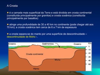 A Crosta é a camada mais superficial da Terra e está dividida em crosta continental (constituída principalmente por granitos) e crosta oceânica (constituída principalmente por basaltos) atinge uma profundidade de 30 a 40 km no continente (pode chegar até aos 70 km); a crosta oceânica tem cerca de 6 a 7 km de espessura  a crosta separa-se do manto por uma superfície de descontinuidade –  descontinuidade de Moho  -. 