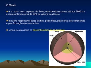 O Manto é  a  zona  mais  espessa  da Terra, estendendo-se quase até aos 2900 km e representando cerca de 80% do volume do planeta é a zona responsável pelos sismos, pelos riftes, pela deriva dos continentes e pela formação das montanhas  separa-se do núcleo na  descontinuidade de Gutemberg 