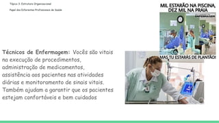 Tópico 3: Estrutura Organizacional
Papel dos Diferentes Profissionais de Saúde
Técnicos de Enfermagem: Vocês são vitais
na execução de procedimentos,
administração de medicamentos,
assistência aos pacientes nas atividades
diárias e monitoramento de sinais vitais.
Também ajudam a garantir que os pacientes
estejam confortáveis e bem cuidados
 