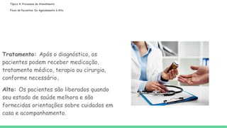 Tópico 4: Processos de Atendimento
Fluxo de Pacientes: Do Agendamento à Alta
Tratamento: Após o diagnóstico, os
pacientes podem receber medicação,
tratamento médico, terapia ou cirurgia,
conforme necessário.
Alta: Os pacientes são liberados quando
seu estado de saúde melhora e são
fornecidas orientações sobre cuidados em
casa e acompanhamento.
 