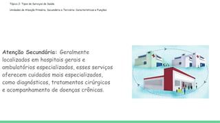 Tópico 2: Tipos de Serviços de Saúde
Unidades de Atenção Primária, Secundária e Terciária: Características e Funções
Atenção Secundária: Geralmente
localizados em hospitais gerais e
ambulatórios especializados, esses serviços
oferecem cuidados mais especializados,
como diagnósticos, tratamentos cirúrgicos
e acompanhamento de doenças crônicas.
 