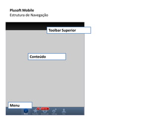 Plusoft Mobile Estrutura de Navegação Toolbar Superior Conteúdo Menu 