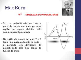 Max Born
𝜳 𝟐
DENSIDADE DE PROBABILIDADE
• Ψ2
= probabilidade de que a
partícula esteja em uma pequena
região do espaço dividida pelo
volume da região ocupada.
• Na região do espaço em que Ψ = 0
temos um nodo da função de onda –
a partícula tem densidade de
probabilidade zero nos nodos da
função de onda.
 
