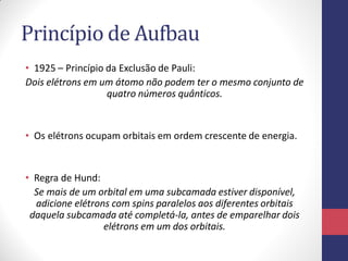 Princípio de Aufbau
• 1925 – Princípio da Exclusão de Pauli:
Dois elétrons em um átomo não podem ter o mesmo conjunto de
quatro números quânticos.
• Os elétrons ocupam orbitais em ordem crescente de energia.
• Regra de Hund:
Se mais de um orbital em uma subcamada estiver disponível,
adicione elétrons com spins paralelos aos diferentes orbitais
daquela subcamada até completá-la, antes de emparelhar dois
elétrons em um dos orbitais.
 
