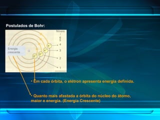 Postulados de Bohr:
• Em cada órbita, o elétron apresenta energia definida.
• Quanto mais afastada a órbita do núcleo do átomo,
maior e energia. (Energia Crescente)
 