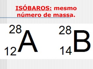 ISÓBAROS: mesmo
número de massa.
 