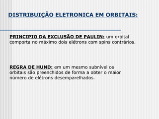 DISTRIBUIÇÃO ELETRONICA EM ORBITAIS:
PRINCIPIO DA EXCLUSÃO DE PAULIN: um orbital
comporta no máximo dois elétrons com spins contrários.
REGRA DE HUND: em um mesmo subnível os
orbitais são preenchidos de forma a obter o maior
número de elétrons desemparelhados.
 