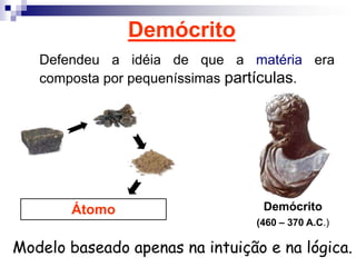 DemócritoDefendeu a idéia de que a matéria era composta por pequeníssimas partículas.ÁtomoDemócrito (460 – 370 A.C.)Modelo baseado apenas na intuição e na lógica.