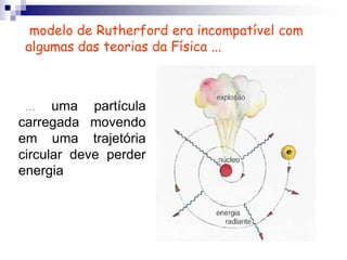 Niels Bohr (1913)  Niels Bohr trabalhou com Thomson, e posteriormente com Rutherford.  Tendo continuado o trabalho destes dois físicos, aperfeiçoou, em 1913, o modelo atômico de Rutherford.Niels Bohr(1885 - 1962)
