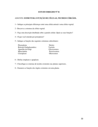 33 
ESTUDO DIRIGIDO No 01 
ASSUNTO: ESTRUTURA E FUNÇÃO DE CÉLULAS, TECIDOS E ÓRGÃOS. 
1 – Indique as principais diferenças entre uma célula animal e uma célula vegetal. 
2 - Descreva a estrutura da célula vegetal. 
3 – Faça uma descrição detalhada sobre a parede celular. Quais as suas funções? 
4 – O que você entende por protoplasto? 
5 – Indique as funções das seguintes estruturas subcelulares: 
Plasmalema Núcleo 
Retículo Endoplasmático Vacúolo 
Aparelho de Golgi Glioxissomos 
Mitocôndria Peroxissomos 
Cloroplasto Oleossomos 
6 – Defina simplasto e apoplasto. 
7 – Classifique os sistemas de tecidos existentes nas plantas superiores. 
8 – Enumere as funções dos órgãos existentes em uma planta. 
