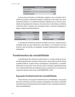 44
Estrutura contábil
Situação Nula
Bens e direitos 10.000,00
Obrigações 10.000,00
Patrimônio líquido 0,00
As duas outras situações, consideradas negativas, são as situações de in-
solvência, quando o patrimônio líquido é negativo ou não existe, que são a
insolvência relativa e a insolvência absoluta. Significa que, se houver neces-
sidade de liquidação da empresa, em processo de concordata ou falência,
o total dos bens e direitos não conseguirá cobrir o total das obrigações e
alguns credores perderão dinheiro.
Insolvência relativa Insolvência absoluta
Bens e direitos 10.000,00 Bens e direitos 0,00
Obrigações 12.000,00 Obrigações 12.000,00
Patrimônio líquido (2.000,00) Patrimônio líquido (12.000,00)
A situação de insolvência absoluta, também incomum, resulta de que a
entidade ainda tem que administrar uma dívida e, no momento, não tem
nenhum valor de direito ou obrigação, situação absolutamente negativa e
indesejável.
Fundamentos da contabilidade
A identificação dos elementos patrimoniais e a criação da figura do pa-
trimônio líquido foram os fatores chaves para o desenvolvimento da ciência
contábil moderna. A partir dessas constatações e descobertas, a contabili-
dade pode se estruturar como ciência social e contribuir significativamente
com o desenvolvimento da civilização como a conhecemos e o processo de
criação de riqueza e bem estar social (BERNSTEIN, 1997).
Equação fundamental da contabilidade
Denominamos de equação fundamental da contabilidade a associação
dos sinais aritméticos aos bens, direitos e obrigações, para obter a resultante
aritmética denominada de patrimônio líquido. Assim, a equação fundamen-
tal de contabilidade é:
 