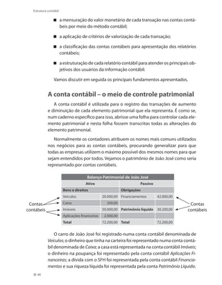 48
Estrutura contábil
a mensuração do valor monetário de cada transação nas contas contá-
beis por meio do método contábil;
a aplicação de critérios de valorização de cada transação;
a classificação das contas contábeis para apresentação dos relatórios
contábeis;
a estruturação de cada relatório contábil para atender os principais ob-
jetivos dos usuários da informação contábil.
Vamos discutir em seguida os principais fundamentos apresentados.
A conta contábil – o meio de controle patrimonial
A conta contábil é utilizada para o registro das transações de aumento
e diminuição de cada elemento patrimonial que ela representa. É como se,
num caderno específico para isso, abrisse uma folha para controlar cada ele-
mento patrimonial e nesta folha fossem transcritas todas as alterações do
elemento patrimonial.
Normalmente os contadores atribuem os nomes mais comuns utilizados
nos negócios para as contas contábeis, procurando generalizar para que
todas as empresas utilizem o máximo possível dos mesmos nomes para que
sejam entendidos por todos. Vejamos o patrimônio de João José como seria
representado por contas contábeis.
Balanço Patrimonial de João José
Ativo Passivo
Bens e direitos  Obrigações 
Veículos 20.000,00 Financiamentos 42.000,00
Caixa 200,00  
Imóveis 50.000,00 Patrimônio líquido 30.200,00
Aplicações financeiras 2.000,00    
Total  72.200,00 Total  72.200,00
Contas
contábeis
Contas
contábeis
O carro de João José foi registrado numa conta contábil denominada de
Veículos; o dinheiro que tinha na carteira foi representado numa conta contá-
bil denominada de Caixa; a casa está representada na conta contábil Imóveis;
o dinheiro na poupança foi representado pela conta contábil Aplicações Fi-
nanceiras; a dívida com o SFH foi representada pela conta contábil Financia-
mentos e sua riqueza líquida foi representada pela conta Patrimônio Líquido.
 