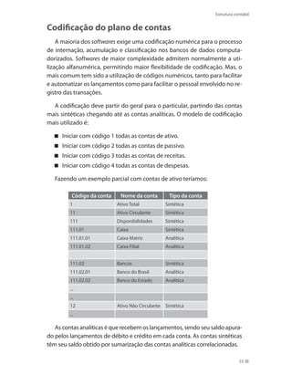 55
Estrutura contábil
Codificação do plano de contas
A maioria dos softwares exige uma codificação numérica para o processo
de internação, acumulação e classificação nos bancos de dados computa-
dorizados. Softwares de maior complexidade admitem normalmente a uti-
lização alfanumérica, permitindo maior flexibilidade de codificação. Mas, o
mais comum tem sido a utilização de códigos numéricos, tanto para facilitar
e automatizar os lançamentos como para facilitar o pessoal envolvido no re-
gistro das transações.
A codificação deve partir do geral para o particular, partindo das contas
mais sintéticas chegando até as contas analíticas. O modelo de codificação
mais utilizado é:
Iniciar com código 1 todas as contas de ativo.
Iniciar com código 2 todas as contas de passivo.
Iniciar com código 3 todas as contas de receitas.
Iniciar com código 4 todas as contas de despesas.
Fazendo um exemplo parcial com contas de ativo teríamos:
Código da conta Nome da conta Tipo da conta
1 Ativo Total Sintética
11 Ativo Circulante Sintética
111 Disponibilidades Sintética
111.01 Caixa Sintética
111.01.01 Caixa Matriz Analítica
111.01.02 Caixa Filial Analítica
111.02 Bancos Sintética
111.02.01 Banco do Brasil Analítica
111.02.02 Banco do Estado Analítica
...
...
12 Ativo Não Circulante Sintética
...
As contas analíticas é que recebem os lançamentos, sendo seu saldo apura-
do pelos lançamentos de débito e crédito em cada conta. As contas sintéticas
têm seu saldo obtido por sumarização das contas analíticas correlacionadas.
 