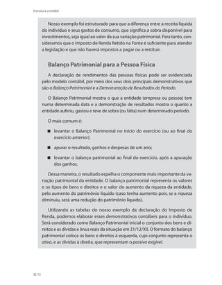 72
Estrutura contábil
Nosso exemplo foi estruturado para que a diferença entre a receita líquida
do indivíduo e seus gastos de consumo, que significa a sobra disponível para
investimentos, seja igual ao valor da sua variação patrimonial. Para tanto, con-
sideramos que o Imposto de Renda Retido na Fonte é suficiente para atender
a legislação e que não haverá impostos a pagar ou a restituir.
Balanço Patrimonial para a Pessoa Física
A declaração de rendimentos das pessoas físicas pode ser evidenciada
pelo modelo contábil, por meio dos seus dois principais demonstrativos que
são o Balanço Patrimonial e a Demonstração de Resultados do Período.
O Balanço Patrimonial mostra o que a entidade (empresa ou pessoa) tem
numa determinada data e a demonstração de resultados mostra o quanto a
entidade auferiu, gastou e teve de sobra (ou falta) num determinado período.
O mais comum é:
levantar o Balanço Patrimonial no início do exercício (ou ao final do
exercício anterior);
apurar o resultado, ganhos e despesas de um ano;
levantar o balanço patrimonial ao final do exercício, após a apuração
dos ganhos.
Dessa maneira, o resultado espelha o componente mais importante da va-
riação patrimonial da entidade. O balanço patrimonial representa os valores
e os tipos de bens e direitos e o valor do aumento da riqueza da entidade,
pelo aumento do patrimônio líquido (caso tenha aumento pois, se a riqueza
diminuiu, será uma redução do patrimônio líquido).
Utilizando as tabelas do nosso exemplo da declaração do Imposto de
Renda, podemos elaborar esses demonstrativos contábeis para o indivíduo.
Será considerado como Balanço Patrimonial inicial o conjunto dos bens e di-
reitos e as dívidas e ônus reais da situação em 31/12/X0. O formato do balanço
patrimonial coloca os bens e direitos à esquerda, cujo conjunto representa o
ativo, e as dívidas à direita, que representam o passivo exigível.
 