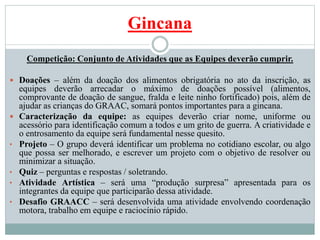 Gincana
Competição: Conjunto de Atividades que as Equipes deverão cumprir.
 Doações – além da doação dos alimentos obrigatória no ato da inscrição, as
equipes deverão arrecadar o máximo de doações possível (alimentos,
comprovante de doação de sangue, fralda e leite ninho fortificado) pois, além de
ajudar as crianças do GRAAC, somará pontos importantes para a gincana.
 Caracterização da equipe: as equipes deverão criar nome, uniforme ou
acessório para identificação comum a todos e um grito de guerra. A criatividade e
o entrosamento da equipe será fundamental nesse quesito.
• Projeto – O grupo deverá identificar um problema no cotidiano escolar, ou algo
que possa ser melhorado, e escrever um projeto com o objetivo de resolver ou
minimizar a situação.
• Quiz – perguntas e respostas / soletrando.
• Atividade Artística – será uma “produção surpresa” apresentada para os
integrantes da equipe que participarão dessa atividade.
• Desafio GRAACC – será desenvolvida uma atividade envolvendo coordenação
motora, trabalho em equipe e raciocínio rápido.
 