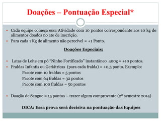 Doações – Pontuação Especial*
 Cada equipe começa essa Atividade com 10 pontos correspondente aos 10 kg de
alimentos doados no ato de inscrição.
 Para cada 1 Kg de alimento não perecível = +1 Ponto.
Doações Especiais:
 Latas de Leite em pó “Ninho Fortificado” instantâneo 400g = +10 pontos.
 Fraldas Infantis ou Geriátricas (para cada fralda) = +0,5 ponto. Exemplo:
Pacote com 10 fraldas = 5 pontos
Pacote com 64 fraldas = 32 pontos
Pacote com 100 fraldas = 50 pontos
 Doação de Sangue = 15 pontos – trazer algum comprovante (2º semestre 2014)
DICA: Essa prova será decisiva na pontuação das Equipes
 