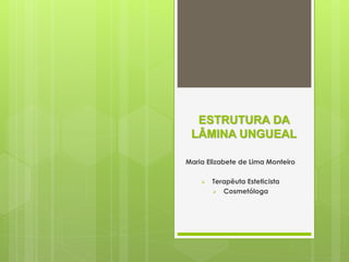ESTRUTURA DA
LÂMINA UNGUEAL
Maria Elizabete de Lima Monteiro
 Terapêuta Esteticista
 Cosmetóloga
 