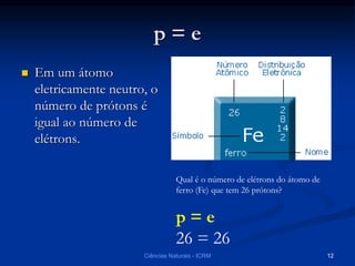 p = e
 Em um átomo
eletricamente neutro, o
número de prótons é
igual ao número de
elétrons.
Qual é o número de elétrons do átomo de
ferro (Fe) que tem 26 prótons?
p = e
26 = 26
Ciências Naturais - ICRM 12
 