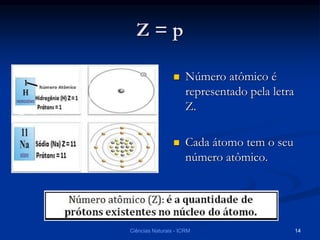 Z = p
 Número atômico é
representado pela letra
Z.
 Cada átomo tem o seu
número atômico.
Ciências Naturais - ICRM 14
 