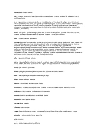 passarinho - nuvem, bando;
pau - (quando amarrados) feixe, (quando amontoados) pilha, (quando fincados ou unidos em cerca)
bastida, paliçada;
peça - (quando devem aparecer juntas na mesa) baixela, serviço, (quando artigos comerciáveis, em
volume para transporte) fardo, (em grande quantidade) magote, (quando pertencentes à artilharia) bateria,
(de roupas, quando enroladas) trouxa, (quando pequenas e cosidas umas às outras para não se
extraviarem na lavagem) apontoado, (quando literárias) antologia, florilégio, seleta, silva, crestomatia,
coletânea, miscelânea;
peixe - (em geral e quando na água) cardume, (quando miúdos) boana, (quando em viveiro) aquário,
(quando em fileira) cambada, espicha, enfiada, (quando à tona) banco, manta;
pena - (quando de ave) plumagem;
pessoa - (em geral) aglomeração, banda, bando, chusma, colmeia, gente, legião, leva, maré, massa, mó,
mole, multidão, pessoal, roda, rolo, troço, tropel, turba, turma, (quando reles) corja, caterva, choldra,
farândola, récua, súcia, (quando em serviço, em navio ou avião) tripulação, (quando em
acompanhamento solene) comitiva, cortejo, préstito, procissão, séquito, teoria, (quando ilustres) plêiade,
pugilo, punhado, (quando em promiscuidade) cortiço, (quando em passeio) caravana, (quando em
assembleia popular) comício, (quando reunidas para tratar de um assunto) comissão, conselho,
congresso, conclave, convênio, corporação, seminário, (quando sujeitas ao mesmo estatuto) agremiação,
associação, centro, clube, grêmio, liga, sindicato, sociedade;
pilha - (quando elétricas) bateria;
planta - (quando frutíferas) pomar, (quando hortaliças, legumes) horta, (quando novas, para replanta)
viveiro, alfobre, tabuleiro, (quando de uma região) flora, (quando secas, para classificação) herbário;
ponto - (de costura) apontoado;
porco - (em geral) manada, persigal, piara, vara, (quando do pasto) vezeira;
povo - (nação) aliança, coligação, confederação, liga;
prato - baixela, serviço, prataria;
prelado - (quando em reunião oficial) sínodo;
prisioneiro - (quando em conjunto) leva, (quando a caminho para o mesmo destino) comboio;
professor - corpo docente, professorado, congregação;
quadro - (quando em exposição) pinacoteca, galeria;
querubim - coro, falange, legião;
recruta - leva, magote;
religioso - clero regular;
roupa - (quando de cama, mesa e uso pessoal) enxoval, (quando envoltas para lavagem) trouxa;
salteador - caterva, corja, horda, quadrilha;
selo - coleção;
serra - (acidente geográfico) cordilheira;

 
