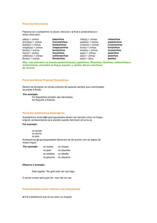 Plural dos Diminutivos
Flexiona-se o substantivo no plural, retira-se o s final e acrescenta-se o
sufixo diminutivo.
pãezinhos
animaizinhos
botõezinhos
chapeuzinhos
faroizinhos
trenzinhos
colherezinhas
florezinhas

pãe(s) + zinhos
animai(s) + zinhos
botõe(s) + zinhos
chapéu(s) + zinhos
farói(s) + zinhos
tren(s) + zinhos
colhere(s) + zinhas
flore(s) + zinhas

mão(s) + zinhas
papéi(s) + zinhos
nuven(s) + zinhas
funi(s) + zinhos
túnei(s) + zinhos
pai(s) + zinhos
pé(s) + zinhos
pé(s) + zitos

mãozinhas
papeizinhos
nuvenzinhas
funizinhos
tuneizinhos
paizinhos
pezinhos
pezitos

Obs.: são anômalos os plurais pastorinhos(as), papelinhos, florzinhas, florinhas, colherzinhas e
mulherzinhas, correntes na língua popular, e usados até por escritores
de renome.

Plural dos Nomes Próprios Personativos
Devem-se pluralizar os nomes próprios de pessoas sempre que a terminação
se preste à flexão.
Por exemplo:
Os Napoleões também são derrotados.
As Raquéis e Esteres.

Plural dos Substantivos Estrangeiros
Substantivos ainda não aportuguesados devem ser escritos como na língua
original, acrescentando-se s (exceto quando terminam em s ou z).
Por exemplo:
os shows
os shorts
os jazz
Substantivos já aportuguesados flexionam-se de acordo com as regras de
nossa língua:
Por exemplo:

os clubes
os jipes
as toaletes
os garçons

os chopes
os esportes
os bibelôs
os réquiens

Observe o exemplo:
Este jogador faz gols toda vez que joga.
O plural correto seria gois (ô), mas não se usa.

Particularidades sobre o Número dos Substantivos
a) Há substantivos que só se usam no singular:

 