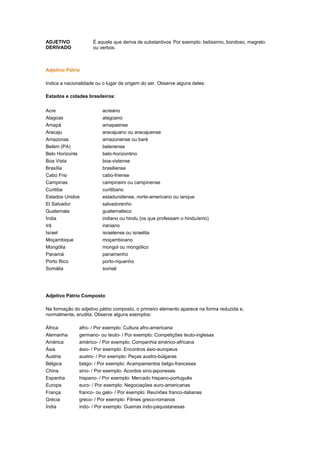 ADJETIVO
DERIVADO

É aquele que deriva de substantivos Por exemplo: belíssimo, bondoso, magrelo.
ou verbos.

Adjetivo Pátrio
Indica a nacionalidade ou o lugar de origem do ser. Observe alguns deles:
Estados e cidades brasileiros:
Acre
Alagoas
Amapá
Aracaju
Amazonas
Belém (PA)
Belo Horizonte
Boa Vista
Brasília
Cabo Frio
Campinas
Curitiba
Estados Unidos
El Salvador
Guatemala
Índia
Irã
Israel
Moçambique
Mongólia
Panamá
Porto Rico
Somália

acreano
alagoano
amapaense
aracajuano ou aracajuense
amazonense ou baré
belenense
belo-horizontino
boa-vistense
brasiliense
cabo-friense
campineiro ou campinense
curitibano
estadunidense, norte-americano ou ianque
salvadorenho
guatemalteco
indiano ou hindu (os que professam o hinduísmo)
iraniano
israelense ou israelita
moçambicano
mongol ou mongólico
panamenho
porto-riquenho
somali

Adjetivo Pátrio Composto
Na formação do adjetivo pátrio composto, o primeiro elemento aparece na forma reduzida e,
normalmente, erudita. Observe alguns exemplos:
África
Alemanha
América
Ásia
Áustria
Bélgica
China
Espanha
Europa
França
Grécia
Índia

afro- / Por exemplo: Cultura afro-americana
germano- ou teuto- / Por exemplo: Competições teuto-inglesas
américo- / Por exemplo: Companhia américo-africana
ásio- / Por exemplo: Encontros ásio-europeus
austro- / Por exemplo: Peças austro-búlgaras
belgo- / Por exemplo: Acampamentos belgo-franceses
sino- / Por exemplo: Acordos sino-japoneses
hispano- / Por exemplo: Mercado hispano-português
euro- / Por exemplo: Negociações euro-americanas
franco- ou galo- / Por exemplo: Reuniões franco-italianas
greco- / Por exemplo: Filmes greco-romanos
indo- / Por exemplo: Guerras indo-paquistanesas

 