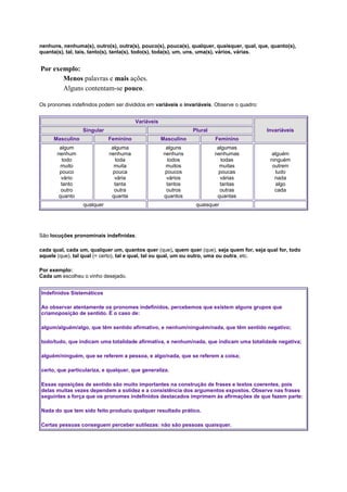 nenhuns, nenhuma(s), outro(s), outra(s), pouco(s), pouca(s), qualquer, quaisquer, qual, que, quanto(s),
quanta(s), tal, tais, tanto(s), tanta(s), todo(s), toda(s), um, uns, uma(s), vários, várias.

Por exemplo:
Menos palavras e mais ações.
Alguns contentam-se pouco.
Os pronomes indefinidos podem ser divididos em variáveis e invariáveis. Observe o quadro:
Variáveis
Singular

Plural

Invariáveis

Masculino

Feminino

Masculino

Feminino

algum
nenhum
todo
muito
pouco
vário
tanto
outro
quanto

alguma
nenhuma
toda
muita
pouca
vária
tanta
outra
quanta

alguns
nenhuns
todos
muitos
poucos
vários
tantos
outros
quantos

algumas
nenhumas
todas
muitas
poucas
várias
tantas
outras
quantas

qualquer

alguém
ninguém
outrem
tudo
nada
algo
cada

quaisquer

São locuções pronominais indefinidas:
cada qual, cada um, qualquer um, quantos quer (que), quem quer (que), seja quem for, seja qual for, todo
aquele (que), tal qual (= certo), tal e qual, tal ou qual, um ou outro, uma ou outra, etc.
Por exemplo:
Cada um escolheu o vinho desejado.
Indefinidos Sistemáticos
Ao observar atentamente os pronomes indefinidos, percebemos que existem alguns grupos que
criamoposição de sentido. É o caso de:
algum/alguém/algo, que têm sentido afirmativo, e nenhum/ninguém/nada, que têm sentido negativo;
todo/tudo, que indicam uma totalidade afirmativa, e nenhum/nada, que indicam uma totalidade negativa;
alguém/ninguém, que se referem a pessoa, e algo/nada, que se referem a coisa;
certo, que particulariza, e qualquer, que generaliza.
Essas oposições de sentido são muito importantes na construção de frases e textos coerentes, pois
delas muitas vezes dependem a solidez e a consistência dos argumentos expostos. Observe nas frases
seguintes a força que os pronomes indefinidos destacados imprimem às afirmações de que fazem parte:
Nada do que tem sido feito produziu qualquer resultado prático.
Certas pessoas conseguem perceber sutilezas: não são pessoas quaisquer.

 