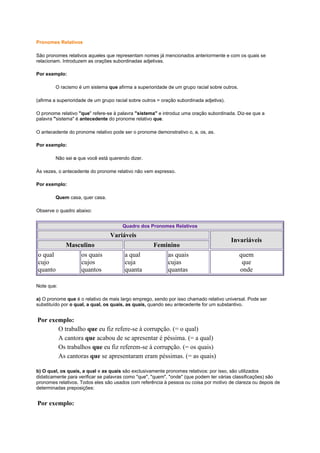 Pronomes Relativos
São pronomes relativos aqueles que representam nomes já mencionados anteriormente e com os quais se
relacionam. Introduzem as orações subordinadas adjetivas.
Por exemplo:
O racismo é um sistema que afirma a superioridade de um grupo racial sobre outros.
(afirma a superioridade de um grupo racial sobre outros = oração subordinada adjetiva).
O pronome relativo "que" refere-se à palavra "sistema" e introduz uma oração subordinada. Diz-se que a
palavra "sistema" é antecedente do pronome relativo que.
O antecedente do pronome relativo pode ser o pronome demonstrativo o, a, os, as.
Por exemplo:
Não sei o que você está querendo dizer.
Às vezes, o antecedente do pronome relativo não vem expresso.
Por exemplo:
Quem casa, quer casa.
Observe o quadro abaixo:
Quadro dos Pronomes Relativos

Variáveis
Masculino
o qual
cujo
quanto

os quais
cujos
quantos

Feminino
a qual
cuja
quanta

as quais
cujas
quantas

Invariáveis
quem
que
onde

Note que:
a) O pronome que é o relativo de mais largo emprego, sendo por isso chamado relativo universal. Pode ser
substituído por o qual, a qual, os quais, as quais, quando seu antecedente for um substantivo.

Por exemplo:
O trabalho que eu fiz refere-se à corrupção. (= o qual)
A cantora que acabou de se apresentar é péssima. (= a qual)
Os trabalhos que eu fiz referem-se à corrupção. (= os quais)
As cantoras que se apresentaram eram péssimas. (= as quais)
b) O qual, os quais, a qual e as quais são exclusivamente pronomes relativos: por isso, são utilizados
didaticamente para verificar se palavras como "que", "quem", "onde" (que podem ter várias classificações) são
pronomes relativos. Todos eles são usados com referência à pessoa ou coisa por motivo de clareza ou depois de
determinadas preposições:

Por exemplo:

 