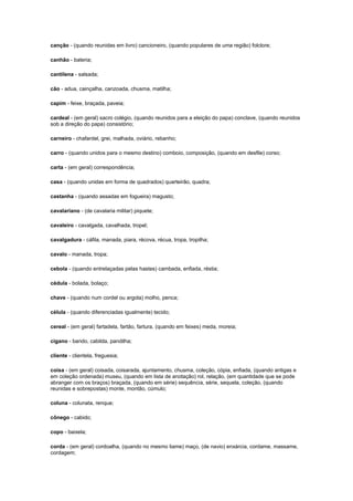 canção - (quando reunidas em livro) cancioneiro, (quando populares de uma região) folclore;
canhão - bateria;
cantilena - salsada;
cão - adua, cainçalha, canzoada, chusma, matilha;
capim - feixe, braçada, paveia;
cardeal - (em geral) sacro colégio, (quando reunidos para a eleição do papa) conclave, (quando reunidos
sob a direção do papa) consistório;
carneiro - chafardel, grei, malhada, oviário, rebanho;
carro - (quando unidos para o mesmo destino) comboio, composição, (quando em desfile) corso;
carta - (em geral) correspondência;
casa - (quando unidas em forma de quadrados) quarteirão, quadra;
castanha - (quando assadas em fogueira) magusto;
cavalariano - (de cavalaria militar) piquete;
cavaleiro - cavalgada, cavalhada, tropel;
cavalgadura - cáfila, manada, piara, récova, récua, tropa, tropilha;
cavalo - manada, tropa;
cebola - (quando entrelaçadas pelas hastes) cambada, enfiada, réstia;
cédula - bolada, bolaço;
chave - (quando num cordel ou argola) molho, penca;
célula - (quando diferenciadas igualmente) tecido;
cereal - (em geral) fartadela, fartão, fartura, (quando em feixes) meda, moreia;
cigano - bando, cabilda, pandilha;
cliente - clientela, freguesia;
coisa - (em geral) coisada, coisarada, ajuntamento, chusma, coleção, cópia, enfiada, (quando antigas e
em coleção ordenada) museu, (quando em lista de anotação) rol, relação, (em quantidade que se pode
abranger com os braços) braçada, (quando em série) sequência, série, sequela, coleção, (quando
reunidas e sobrepostas) monte, montão, cúmulo;
coluna - colunata, renque;
cônego - cabido;
copo - baixela;
corda - (em geral) cordoalha, (quando no mesmo liame) maço, (de navio) enxárcia, cordame, massame,
cordagem;

 