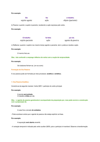 Por exemplo:
Ele

fez

o trabalho.

sujeito agente

ação

objeto (paciente)

b) Passiva: quando o sujeito é paciente, recebendo a ação expressa pelo verbo.
Por exemplo:

O trabalho

foi feito

por ele.

sujeito paciente

ação

agente da passiva

c) Reflexiva: quando o sujeito é ao mesmo tempo agente e paciente, isto é, pratica e recebe a ação.
Por exemplo:
O menino feriu-se.
Obs.: não confundir o emprego reflexivo do verbo com a noção de reciprocidade.
Por exemplo:
Os lutadores feriram-se. (um ao outro)
Formação da Voz Passiva
A voz passiva pode ser formada por dois processos: analítico e sintético.

1- Voz Passiva Analítica
Constrói-se da seguinte maneira: Verbo SER + particípio do verbo principal.
Por exemplo:
A escola será pintada.
O trabalho é feito por ele.
Obs. : o agente da passiva geralmente é acompanhado da preposição por, mas pode ocorrer a construção
com a preposição de.
Por exemplo:
A casa ficou cercada de soldados.
- Pode acontecer ainda que o agente da passiva não esteja explícito na frase.
Por exemplo:
A exposição será aberta amanhã.
- A variação temporal é indicada pelo verbo auxiliar (SER), pois o particípio é invariável. Observe a transformação

 