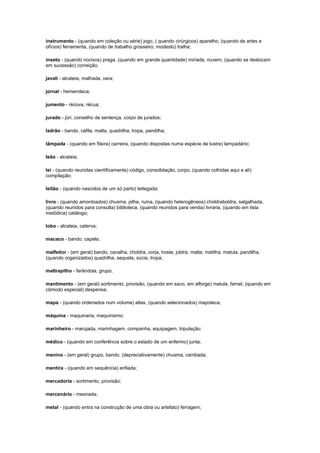 instrumento - (quando em coleção ou série) jogo, ( quando cirúrgicos) aparelho, (quando de artes e
ofícios) ferramenta, (quando de trabalho grosseiro, modesto) tralha;
inseto - (quando nocivos) praga, (quando em grande quantidade) miríade, nuvem, (quando se deslocam
em sucessão) correição;
javali - alcateia, malhada, vara;
jornal - hemeroteca;
jumento - récova, récua;
jurado - júri, conselho de sentença, corpo de jurados;
ladrão - bando, cáfila, malta, quadrilha, tropa, pandilha;
lâmpada - (quando em fileira) carreira, (quando dispostas numa espécie de lustre) lampadário;
leão - alcateia;
lei - (quando reunidas cientificamente) código, consolidação, corpo, (quando colhidas aqui e ali)
compilação;
leitão - (quando nascidos de um só parto) leitegada;
livro - (quando amontoados) chusma, pilha, ruma, (quando heterogêneos) choldraboldra, salgalhada,
(quando reunidos para consulta) biblioteca, (quando reunidos para venda) livraria, (quando em lista
metódica) catálogo;
lobo - alcateia, caterva;
macaco - bando, capela;
malfeitor - (em geral) bando, canalha, choldra, corja, hoste, joldra, malta, matilha, matula, pandilha,
(quando organizados) quadrilha, sequela, súcia, tropa;
maltrapilho - farândola, grupo;
mantimento - (em geral) sortimento, provisão, (quando em saco, em alforge) matula, farnel, (quando em
cômodo especial) despensa;
mapa - (quando ordenados num volume) atlas, (quando selecionados) mapoteca;
máquina - maquinaria, maquinismo;
marinheiro - marujada, marinhagem, companha, equipagem, tripulação;
médico - (quando em conferência sobre o estado de um enfermo) junta;
menino - (em geral) grupo, bando, (depreciativamente) chusma, cambada;
mentira - (quando em sequência) enfiada;
mercadoria - sortimento, provisão;
mercenário - mesnada;
metal - (quando entra na construção de uma obra ou artefato) ferragem;

 