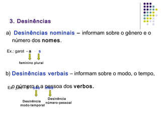 3. Desinências
a) Desinências nominais – informam sobre o gênero e o
número dos nomes.
Ex.: garot - a - s
feminino plural

b) Desinências verbais – informam sobre o modo, o tempo,
o número e - mos
Ex.: junt – á – sse a pessoa

dos verbos.

Desinência
Desinência
número-pessoal
modo-temporal

 