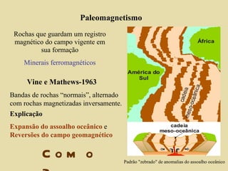 Paleomagnetismo Padrão "zebrado" de anomalias do assoalho oceânico Rochas que guardam um registro magnético do campo vigente em sua formação Minerais ferromagnéticos Vine e Mathews-1963 Bandas de rochas “normais”, alternado com rochas magnetizadas inversamente. Explicação Expansão do assoalho oceânico  e  Reversões do campo geomagnético Como? 