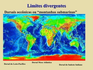 Dorsal do Leste-Pacífico Dorsal Meso Atlântica Dorsal do Sudeste Indiano Limites divergentes Dorsais oceânicas ou “montanhas submarinas” 