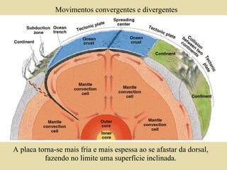 A placa torna-se mais fria e mais espessa ao se afastar da dorsal, fazendo no limite uma superfície inclinada. Movimentos convergentes e divergentes 