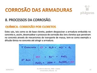 16/05/2017
Av. Menino Marcelo, 3800 - Cidade
Universitária, Maceió - AL
22
8. PROCESSOS DA CORROSÃO.
Estes sais, tais como os de base cloreto, podem despassivar a armadura embutida no
concreto e, assim, desencadear o processo de corrosão dos íons cloretos que penetram
no concreto através de mecanismos de transporte de massa, tem-se como exemplo a
difusão iônica no concreto até atingir a armadura.
 