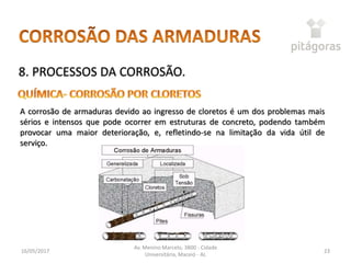 16/05/2017
Av. Menino Marcelo, 3800 - Cidade
Universitária, Maceió - AL
23
8. PROCESSOS DA CORROSÃO.
A corrosão de armaduras devido ao ingresso de cloretos é um dos problemas mais
sérios e intensos que pode ocorrer em estruturas de concreto, podendo também
provocar uma maior deterioração, e, refletindo-se na limitação da vida útil de
serviço.
 