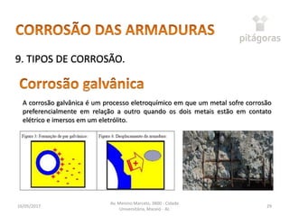 16/05/2017
Av. Menino Marcelo, 3800 - Cidade
Universitária, Maceió - AL
29
9. TIPOS DE CORROSÃO.
A corrosão galvânica é um processo eletroquímico em que um metal sofre corrosão
preferencialmente em relação a outro quando os dois metais estão em contato
elétrico e imersos em um eletrólito.
 