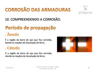 16/05/2017
Av. Menino Marcelo, 3800 - Cidade
Universitária, Maceió - AL
38
10. COMPREENDENDO A CORROSÃO.
É a região da barra de aço que fica corroída,
devido às reações de dissolução do ferro;
É a região da barra de aço que fica corroída,
devido às reações de dissolução do ferro;
 