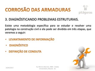 16/05/2017
Av. Menino Marcelo, 3800 - Cidade
Universitária, Maceió - AL
4
3. DIAGNÓSTICANDO PROBLEMAS ESTRUTURAIS.
Existe uma metodologia específica para se estudar e resolver uma
patologia na construção civil e ela pode ser dividida em três etapas, que
veremos a seguir:
 