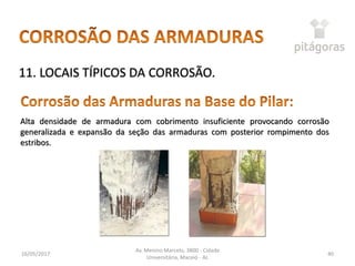 16/05/2017
Av. Menino Marcelo, 3800 - Cidade
Universitária, Maceió - AL
40
11. LOCAIS TÍPICOS DA CORROSÃO.
Alta densidade de armadura com cobrimento insuficiente provocando corrosão
generalizada e expansão da seção das armaduras com posterior rompimento dos
estribos.
 