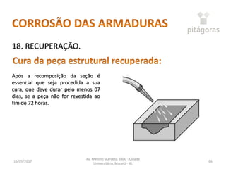 16/05/2017
Av. Menino Marcelo, 3800 - Cidade
Universitária, Maceió - AL
66
18. RECUPERAÇÃO.
Após a recomposição da seção é
essencial que seja procedida a sua
cura, que deve durar pelo menos 07
dias, se a peça não for revestida ao
fim de 72 horas.
 